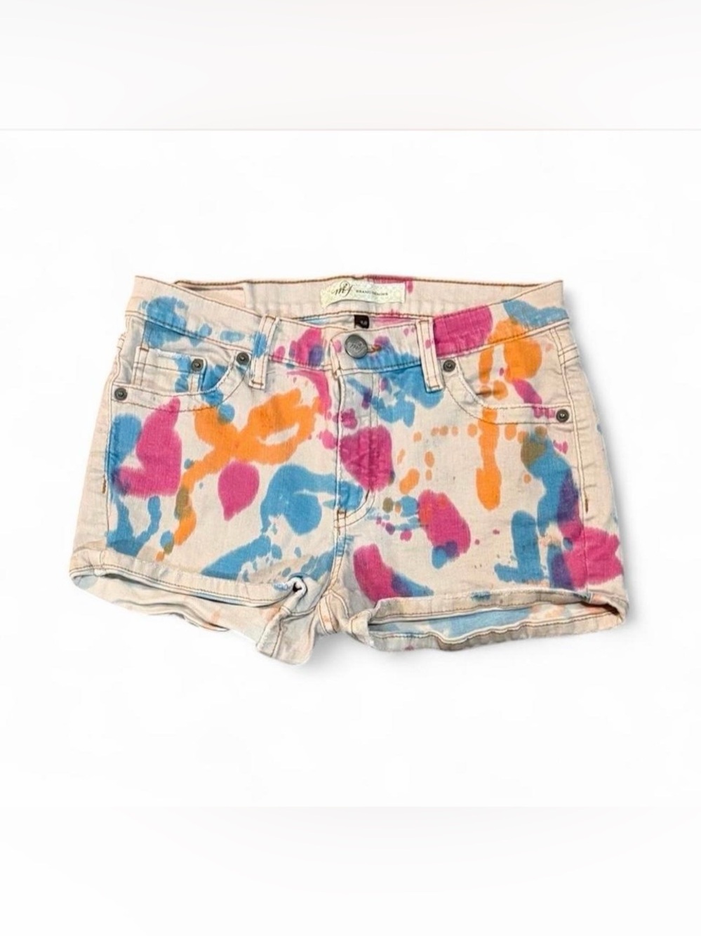 M2F Multicolored Splatter Paint Denim Shorts w/Rolled Hem Size 28 Retail $69.99